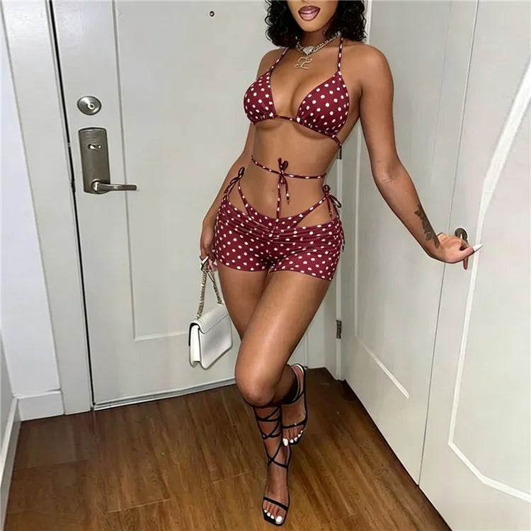 Ensemble Bikini 3 Pièces à Pois Nœud – Maillot de Bain Femme Sexy Été