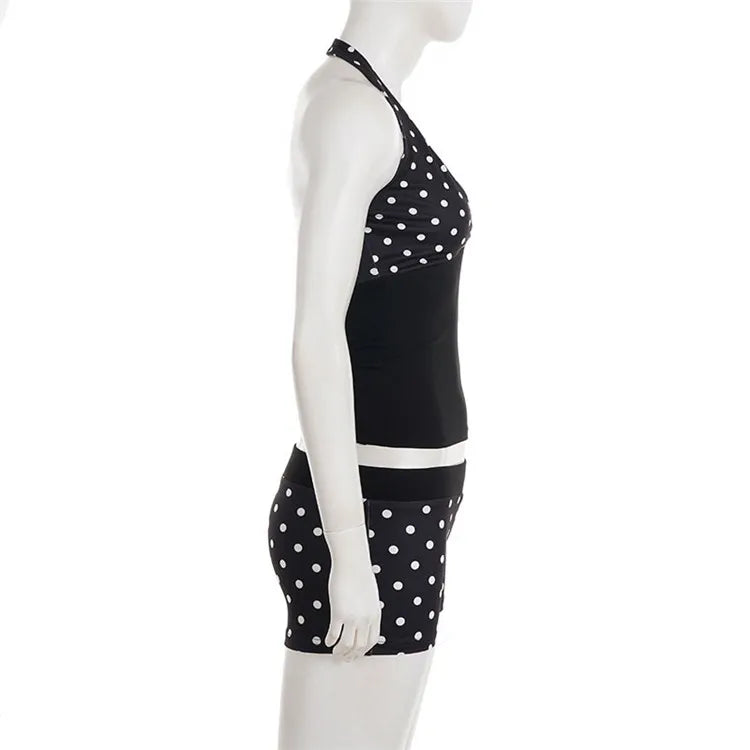 Ensemble 2 Pièces à Pois Femme – Top Halter Col V Dos Nu + Short Tenue Plage Chic