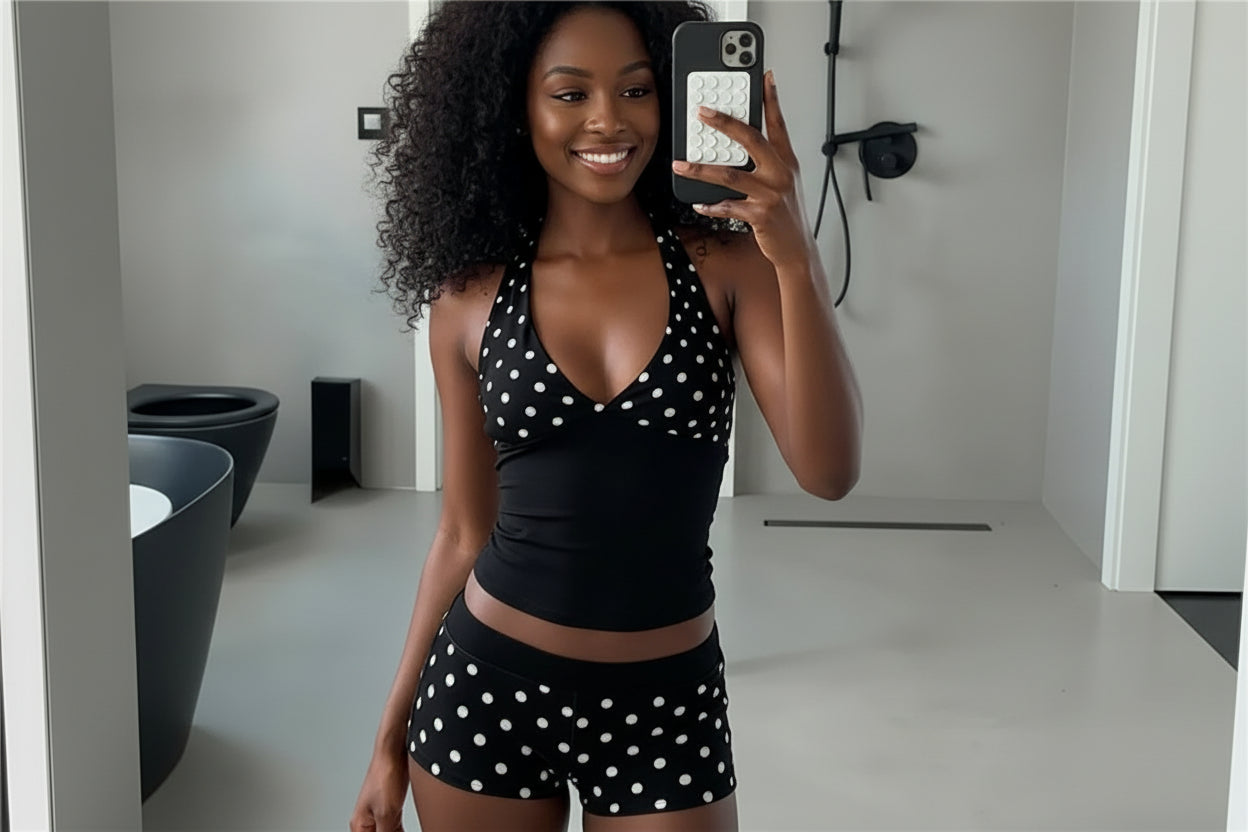 Ensemble 2 Pièces à Pois Femme – Top Halter Col V Dos Nu + Short Tenue Plage Chic