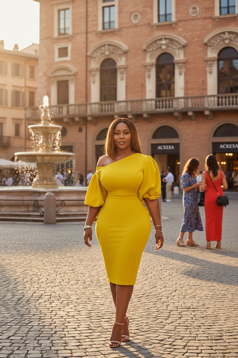 Robe Élégante Grande Taille — Épaules Nues, Manches Bouffantes
