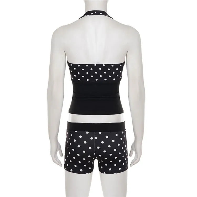 Ensemble 2 Pièces à Pois Femme – Top Halter Col V Dos Nu + Short Tenue Plage Chic