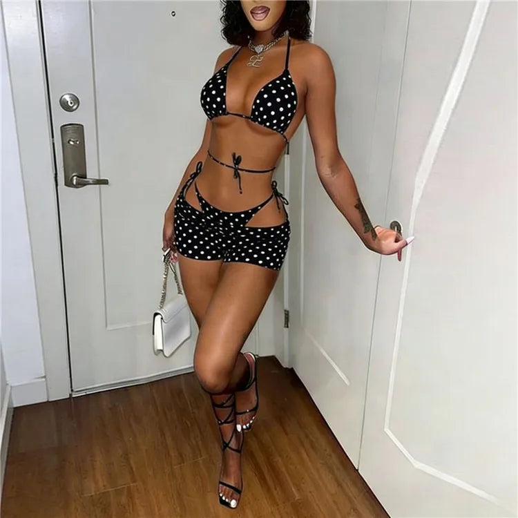 Ensemble Bikini 3 Pièces à Pois Nœud – Maillot de Bain Femme Sexy Été