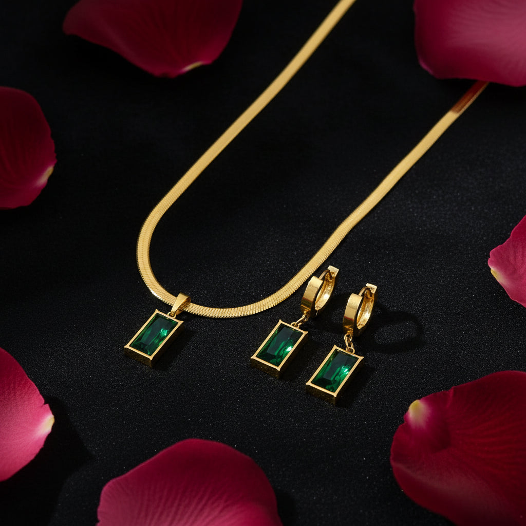 Parure Bijoux Femme Émeraude | Acier Titane | Chaîne Serpent | Style Rétro Luxe