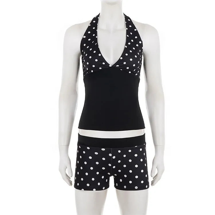 Ensemble 2 Pièces à Pois Femme – Top Halter Col V Dos Nu + Short Tenue Plage Chic