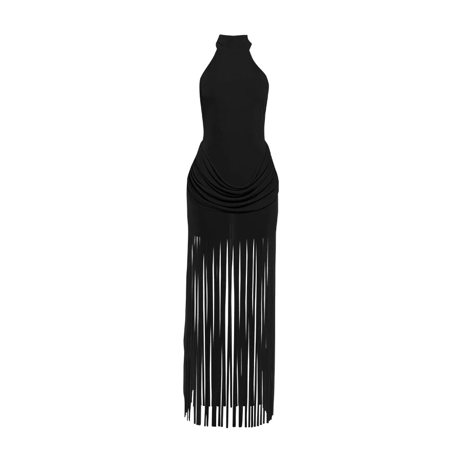 Robe Velours Moulante – Col Licou, Dos Nu & Ourlet À Glands | Femme