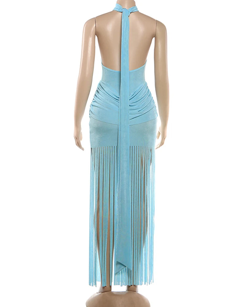 Robe Velours Moulante – Col Licou, Dos Nu & Ourlet À Glands | Femme