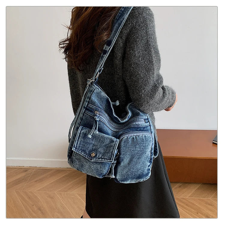 Sac Bandoulière Femme Luxe Casual | Grand Fourre-Tout en Denim Premium