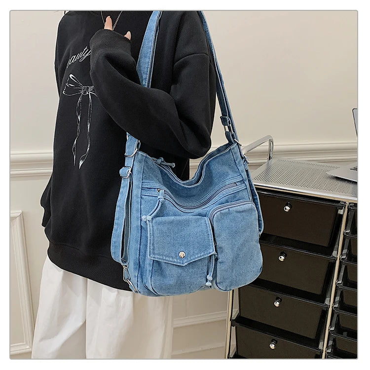 Sac Bandoulière Femme Luxe Casual | Grand Fourre-Tout en Denim Premium