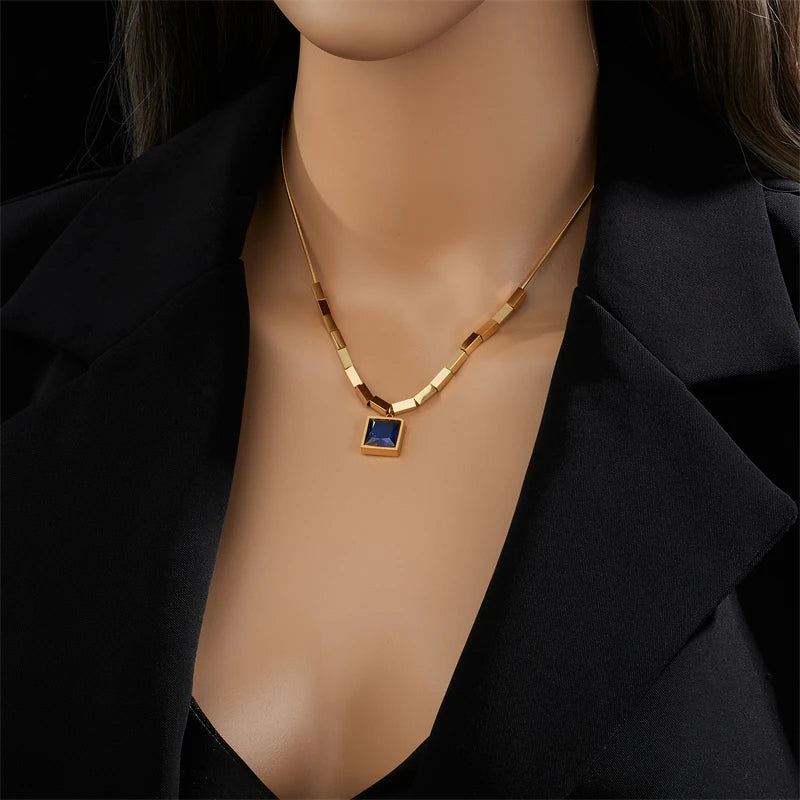 Collier Femme Zircon Bleu | Acier Inoxydable 316L | Chaîne Clavicule Géométrique