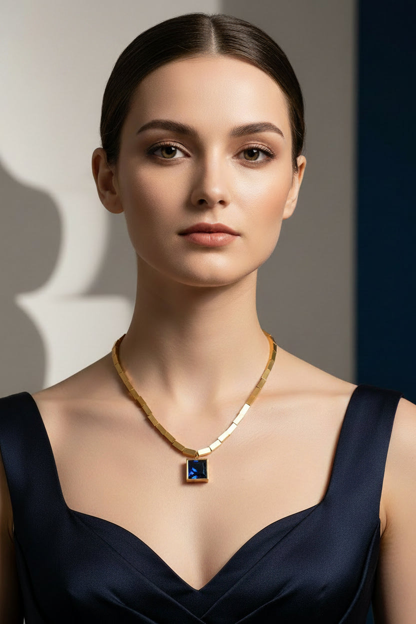 Collier Femme Zircon Bleu | Acier Inoxydable 316L | Chaîne Clavicule Géométrique