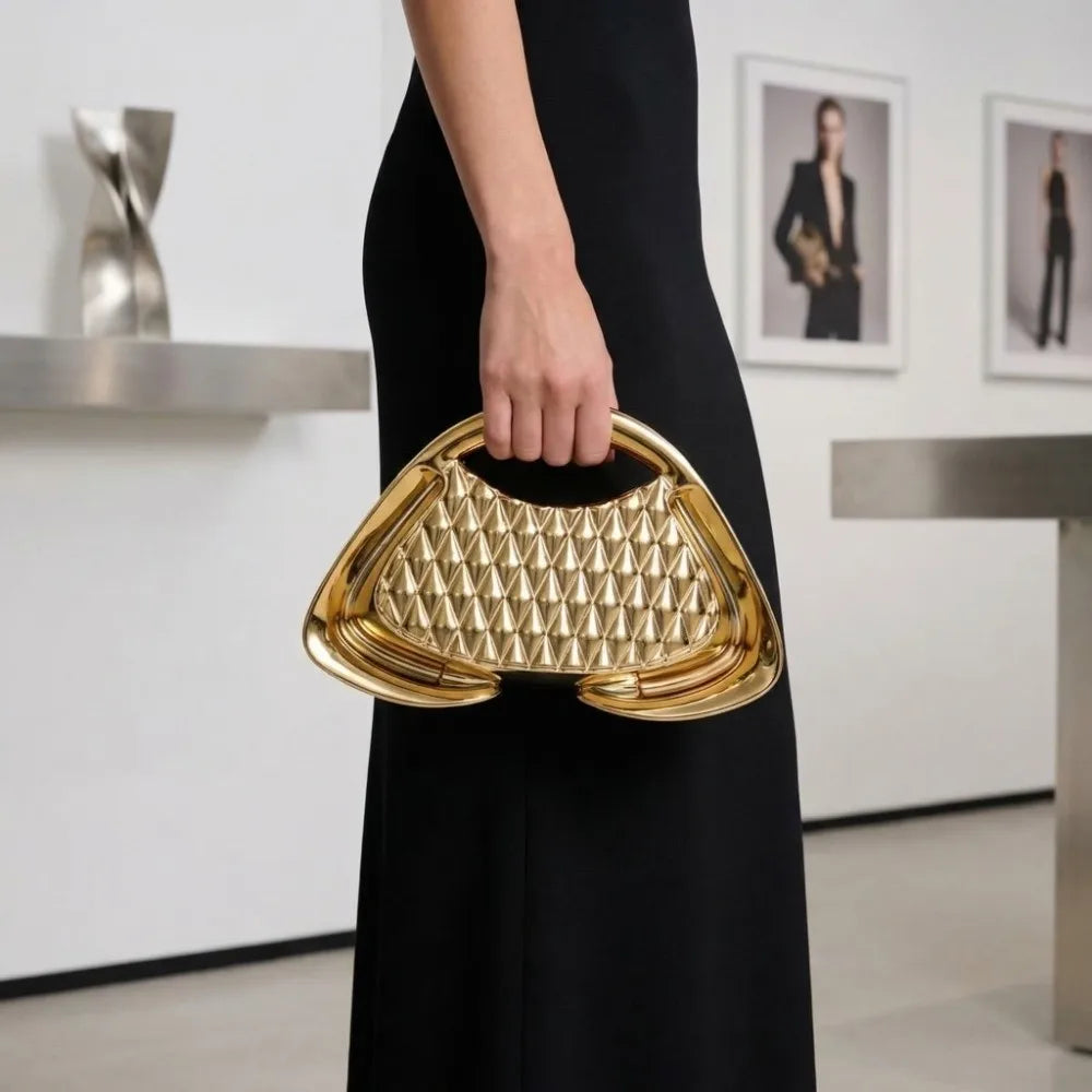 Pochette de Soirée Luxe | Sac Rigide Géométrique en Acrylique & Maille Dorée