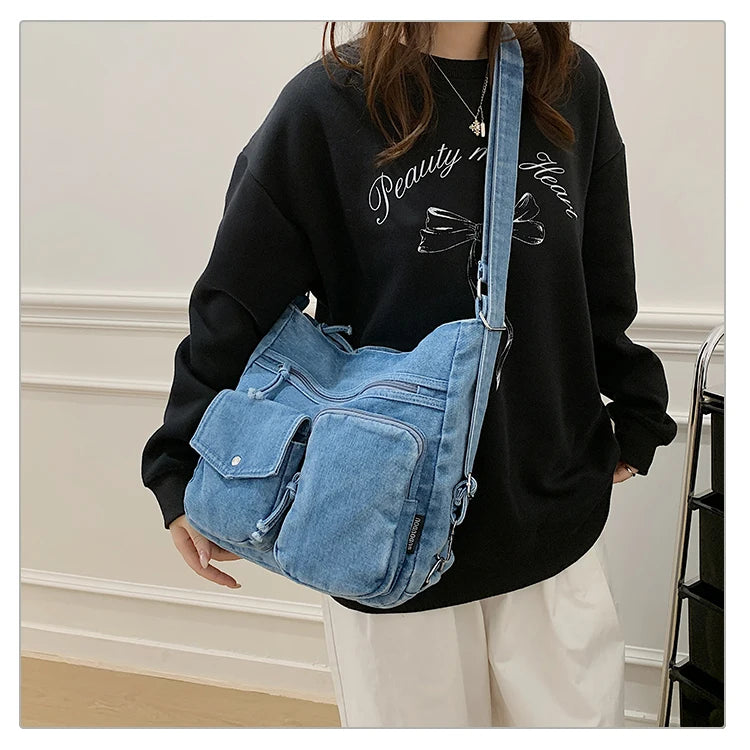 Sac Bandoulière Femme Luxe Casual | Grand Fourre-Tout en Denim Premium