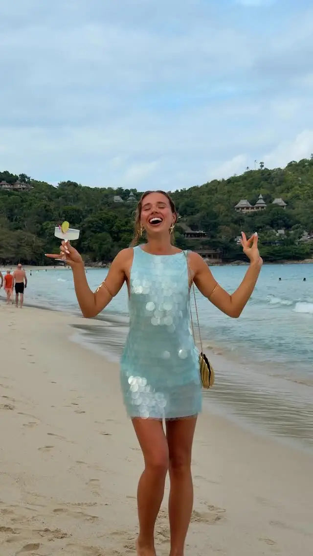 Mini-Robe Paillettes Dos Nu | Taille Haute Sans Manches | Plage, Fêtes & Clubs