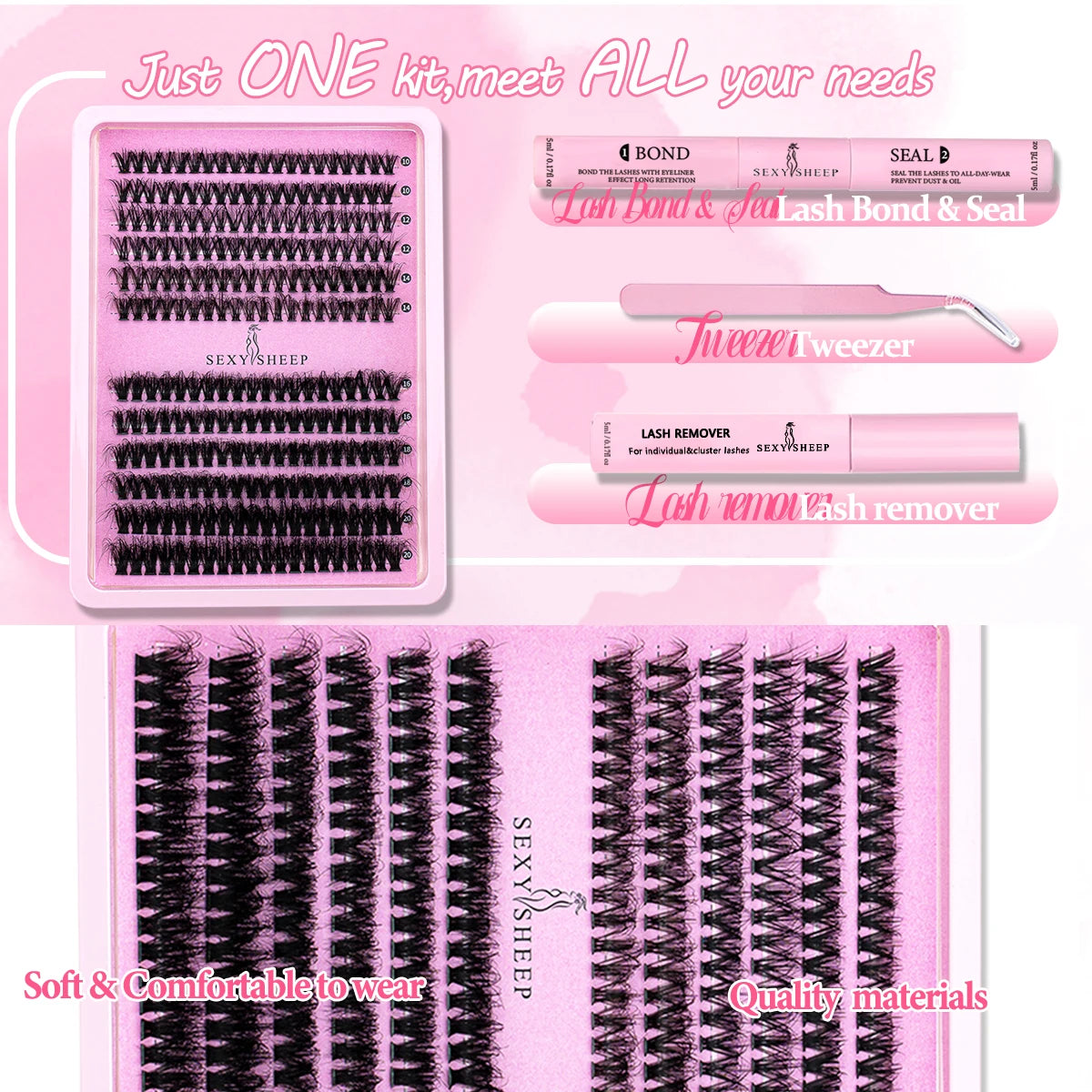 Extensions de cils DIY en grappes 40D/60D, cils segmentés en queue de pie, cils individuels avec colle et dissolvant pour cils