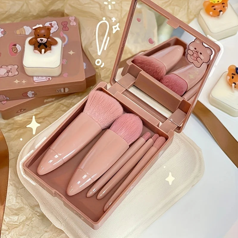 Kit Pinceaux Maquillage Voyage 5 Pièces avec Miroir Pliable | Mini Set Luxe