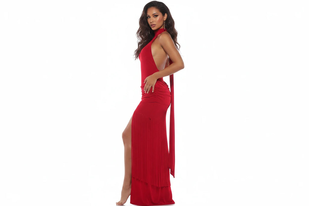 Robe Velours Moulante – Col Licou, Dos Nu & Ourlet À Glands | Femme