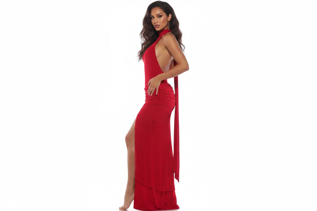 Robe Velours Moulante – Col Licou, Dos Nu & Ourlet À Glands | Femme