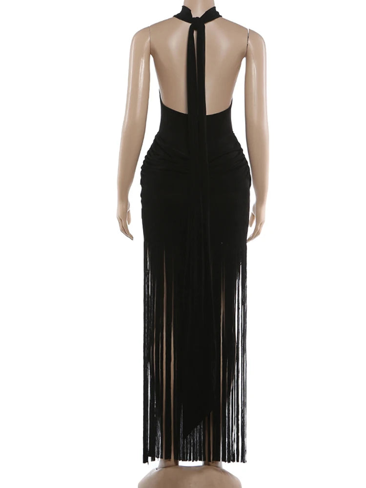 Robe Velours Moulante – Col Licou, Dos Nu & Ourlet À Glands | Femme