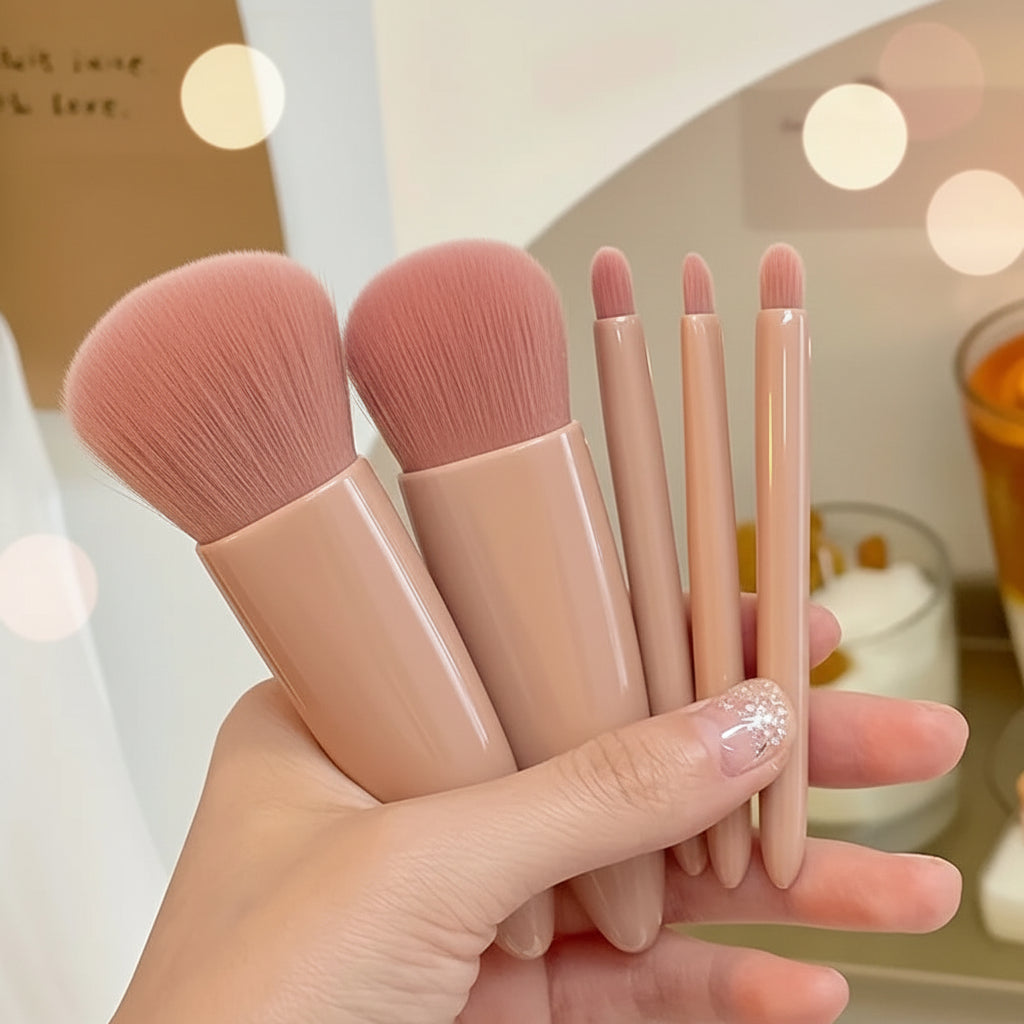 Kit Pinceaux Maquillage Voyage 5 Pièces avec Miroir Pliable | Mini Set Luxe