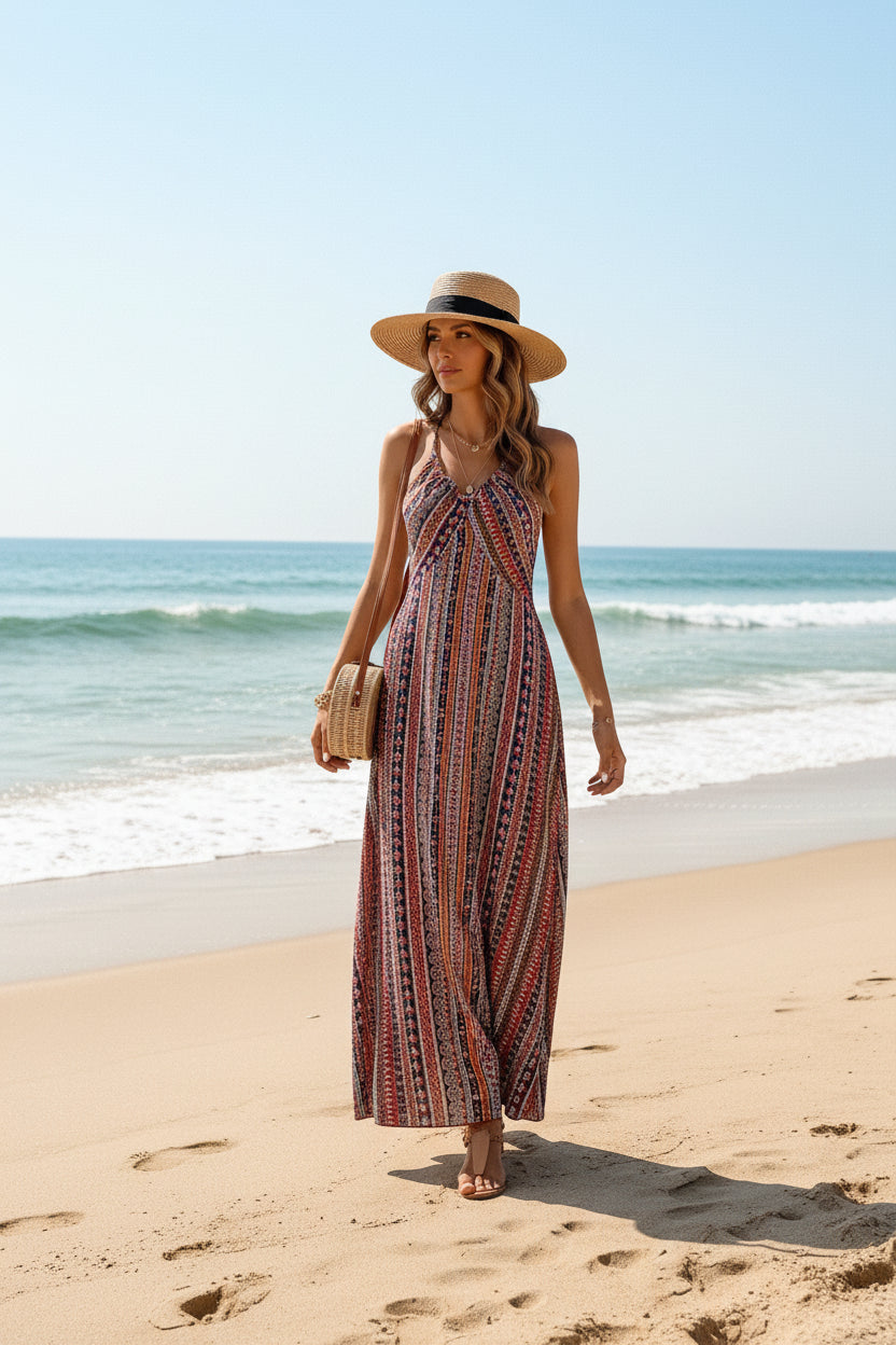 Robe Longue Boho Ethnique – Dos Nu, Volants & Fente Luxe