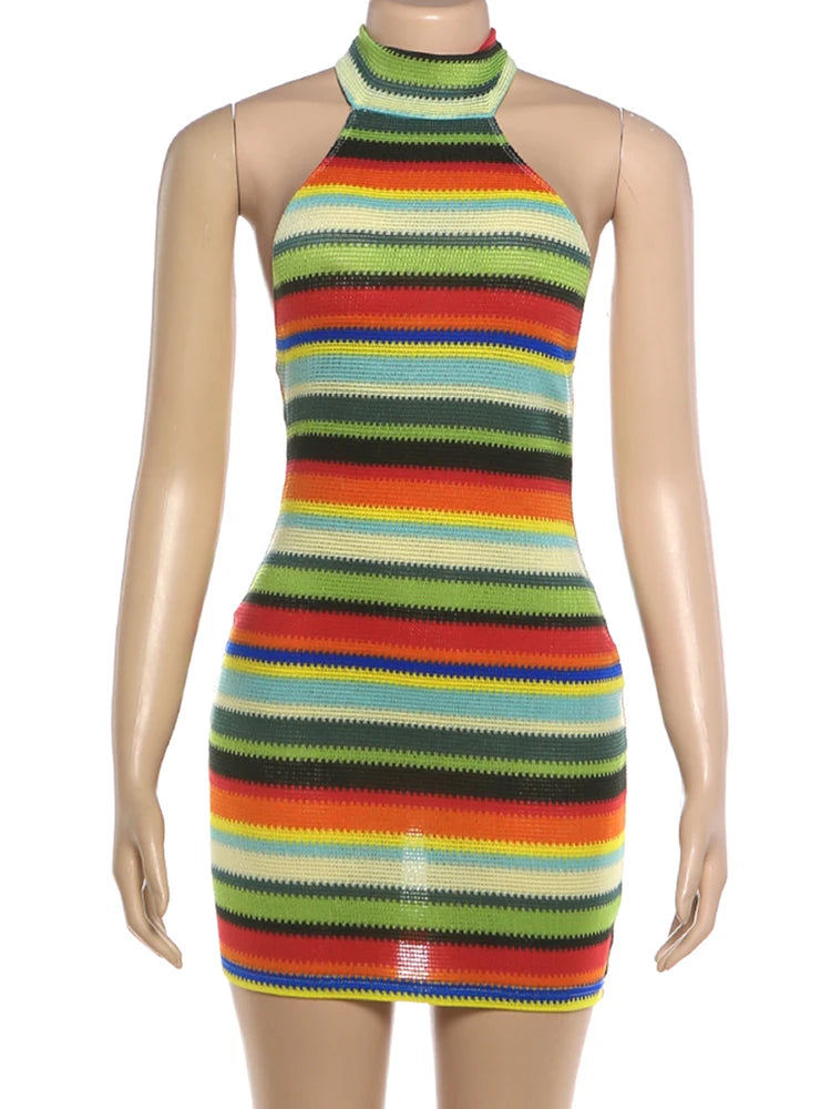 Mini Robe Bandage Rayée | Dos Nu & Col Halter | Mode Femme Tendance
