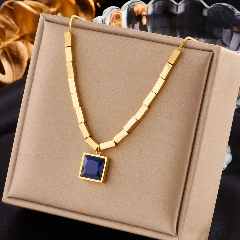 Collier Femme Zircon Bleu | Acier Inoxydable 316L | Chaîne Clavicule Géométrique