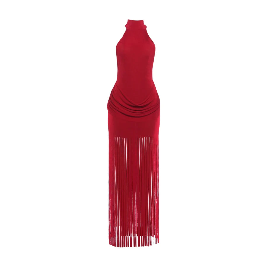 Robe Velours Moulante – Col Licou, Dos Nu & Ourlet À Glands | Femme