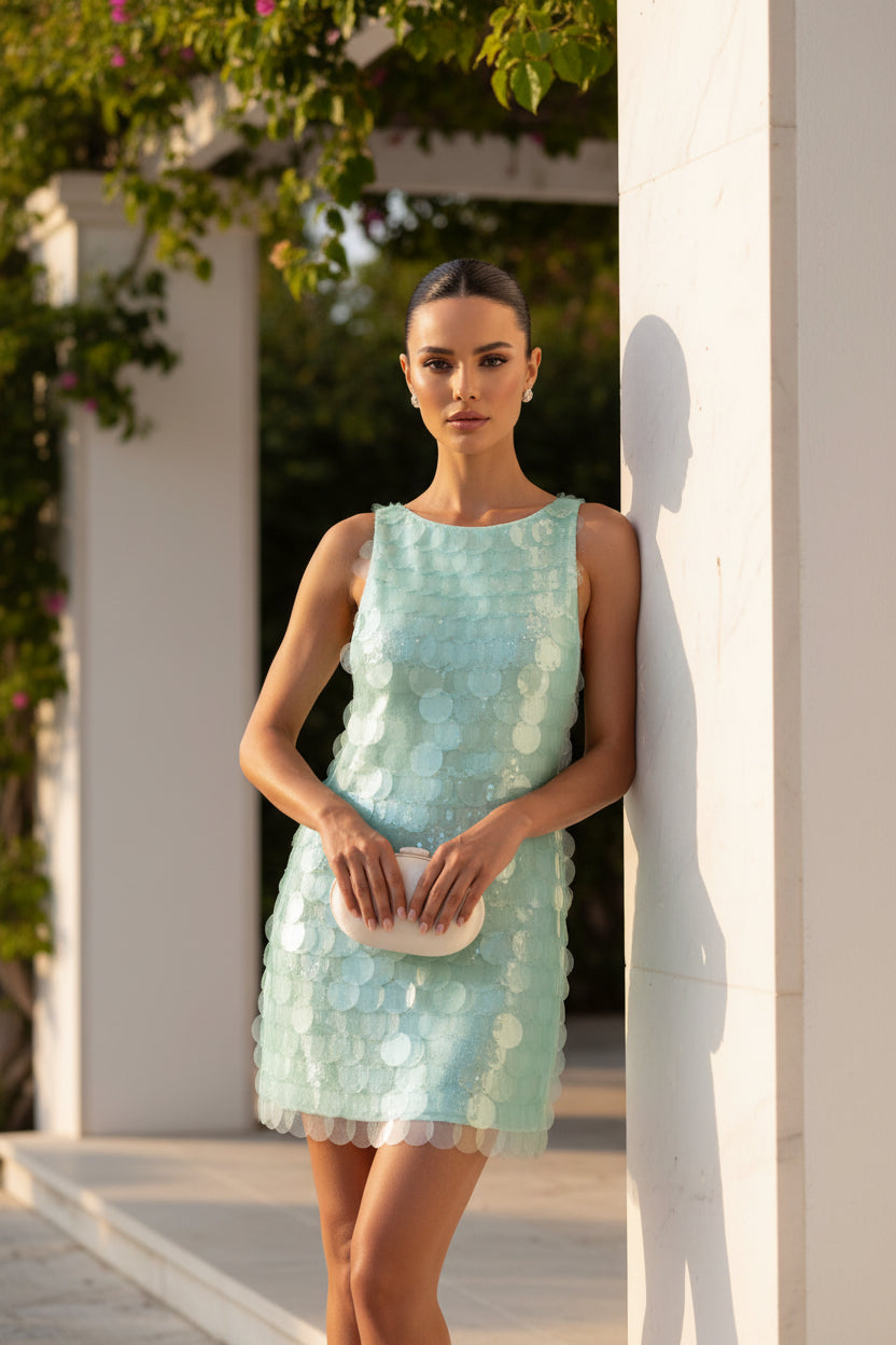 Mini-Robe Paillettes Dos Nu | Taille Haute Sans Manches | Plage, Fêtes & Clubs