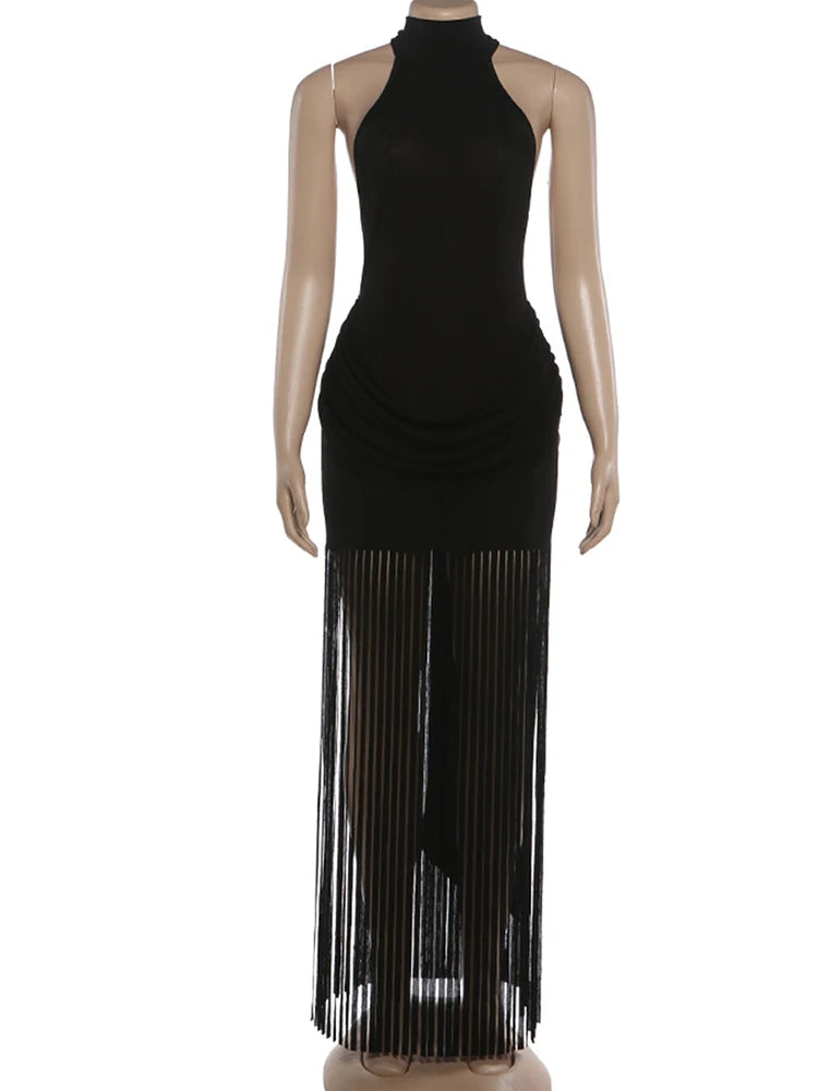 Robe Velours Moulante – Col Licou, Dos Nu & Ourlet À Glands | Femme