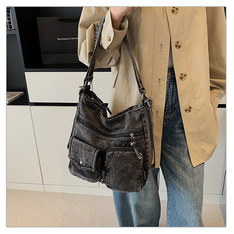 Sac Bandoulière Femme Luxe Casual | Grand Fourre-Tout en Denim Premium
