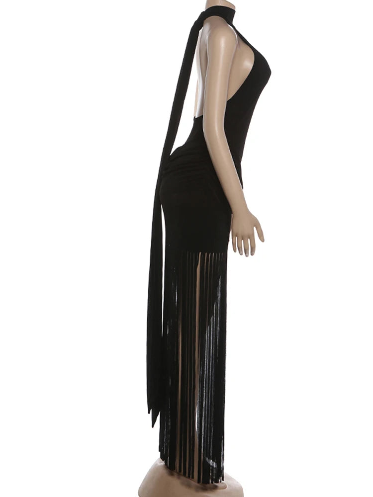 Robe Velours Moulante – Col Licou, Dos Nu & Ourlet À Glands | Femme