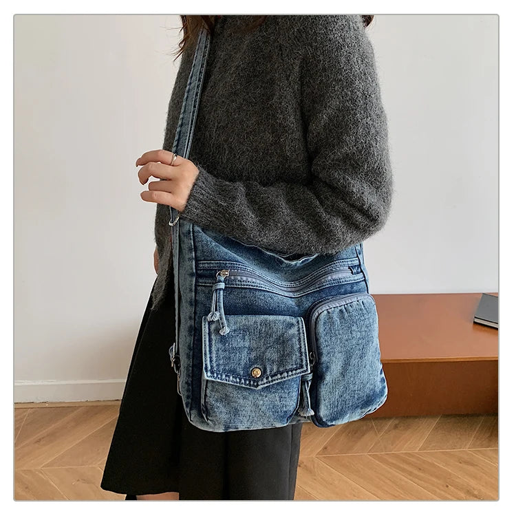 Sac Bandoulière Femme Luxe Casual | Grand Fourre-Tout en Denim Premium