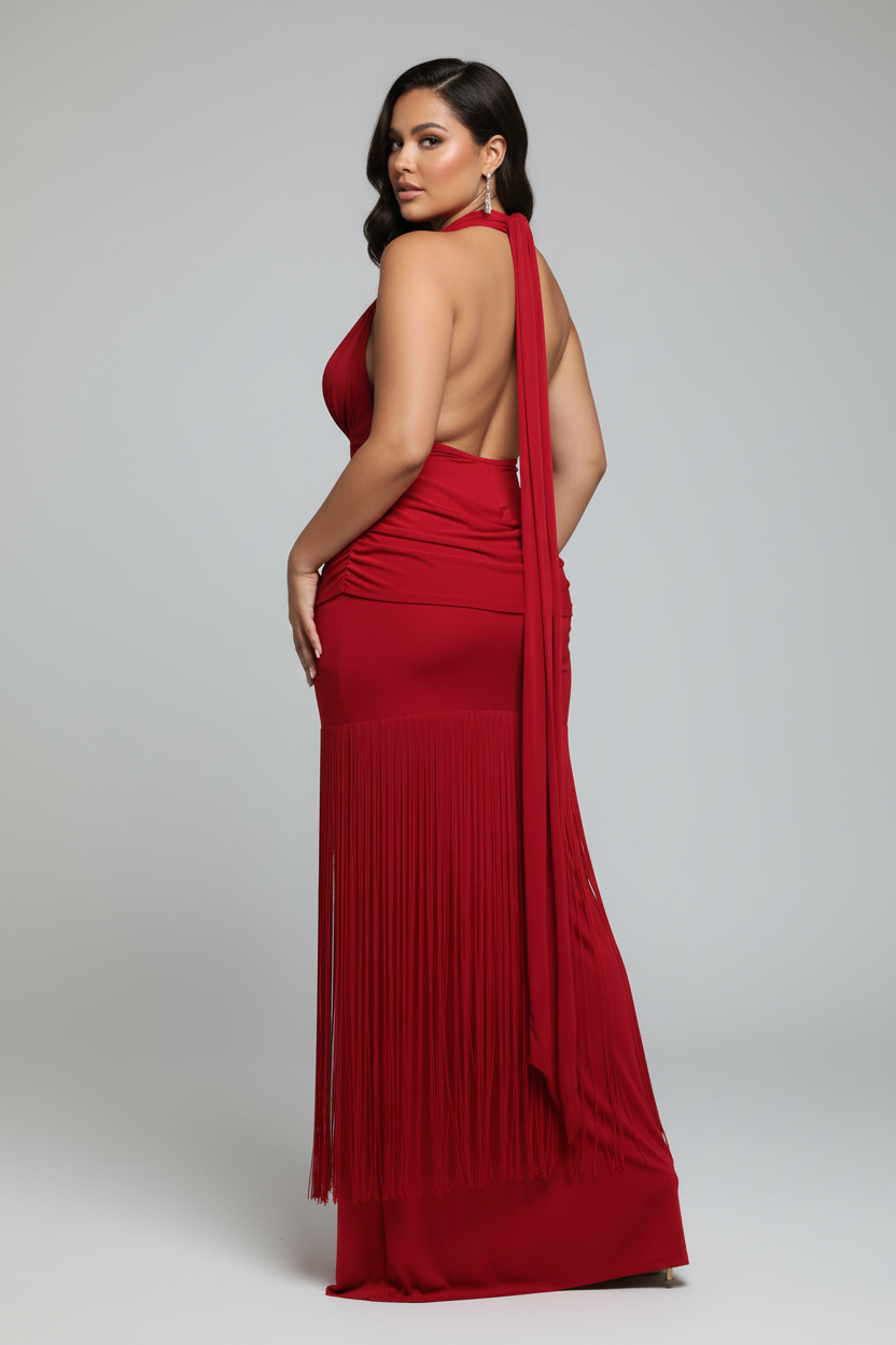Robe Velours Moulante – Col Licou, Dos Nu & Ourlet À Glands | Femme