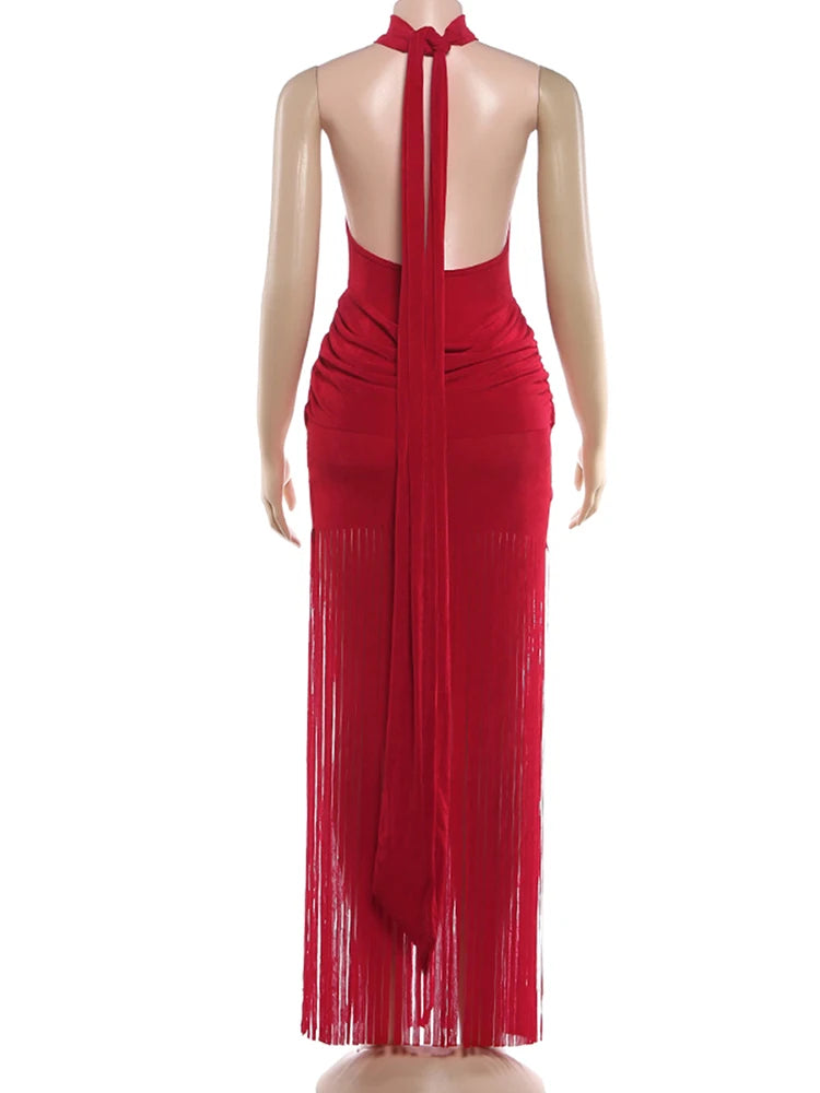Robe Velours Moulante – Col Licou, Dos Nu & Ourlet À Glands | Femme