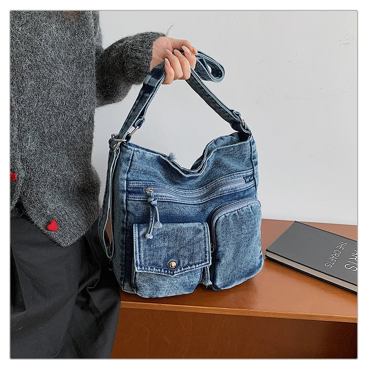 Sac Bandoulière Femme Luxe Casual | Grand Fourre-Tout en Denim Premium