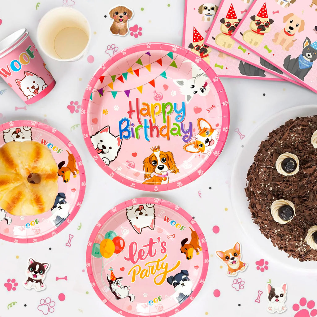 Kit Anniversaire Chiot Luxe 161 Pièces – Vaisselle & Décorations Rose pour Chien