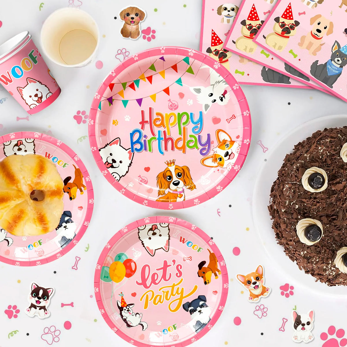 Kit Anniversaire Chiot Luxe 161 Pièces – Vaisselle & Décorations Rose pour Chien