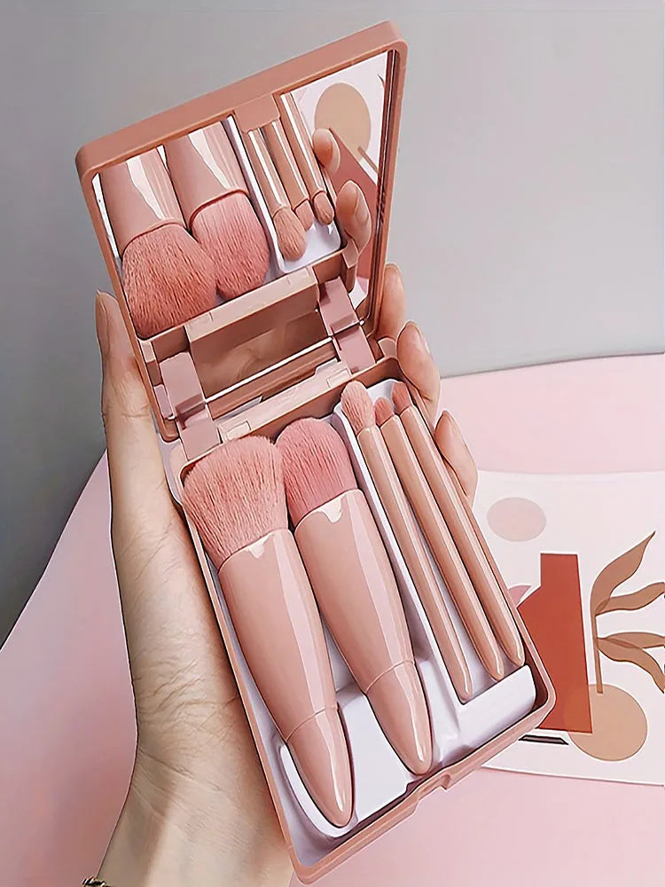 Kit Pinceaux Maquillage Voyage 5 Pièces avec Miroir Pliable | Mini Set Luxe