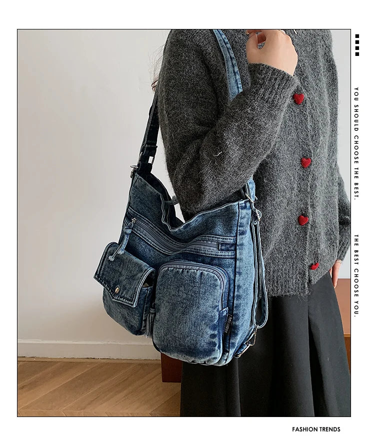 Sac Bandoulière Femme Luxe Casual | Grand Fourre-Tout en Denim Premium