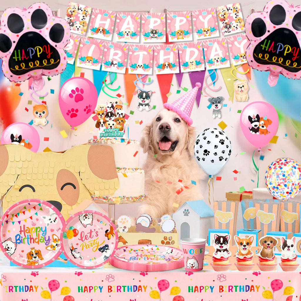 Kit Anniversaire Chiot Luxe 161 Pièces – Vaisselle & Décorations Rose pour Chien