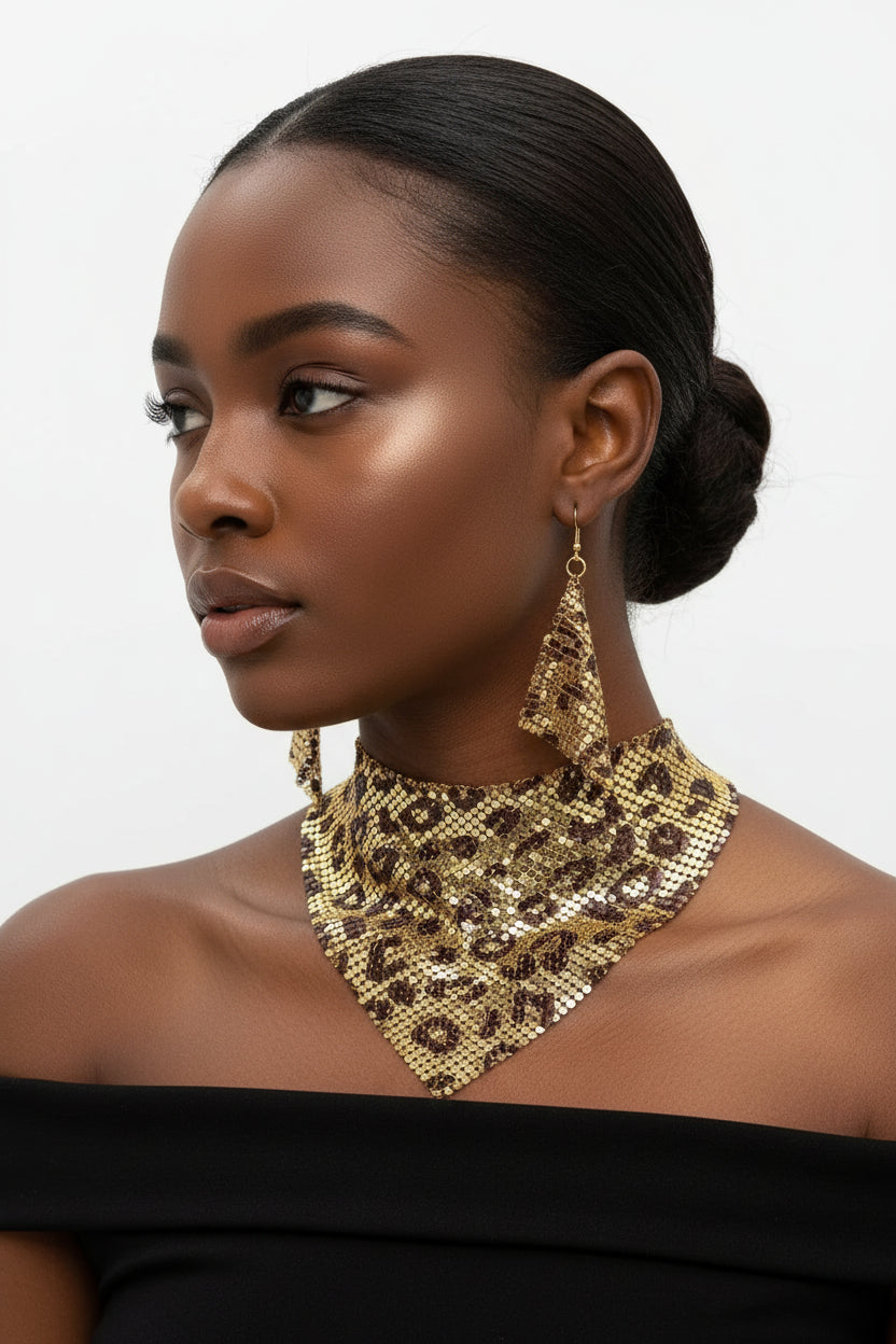 Ensemble Bijoux Léopard – Collier Bavoir & Boucles d’Oreilles Pendantes Vintage
