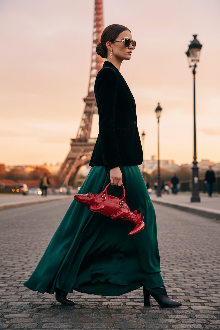 Femme élégante à Paris avec sac crocodile rouge