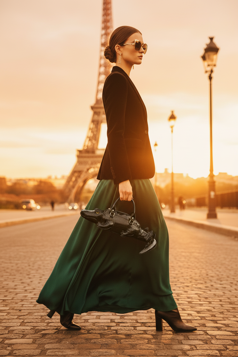 Femme élégante Paris sac crocodile noir