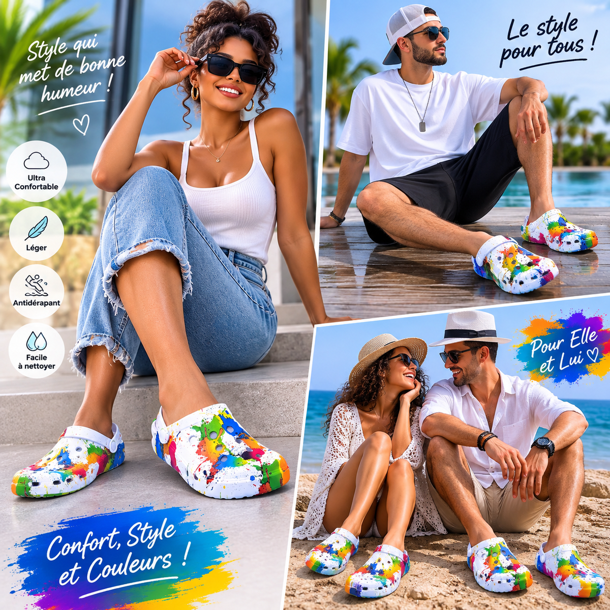 Sabots Style Couple Motif Jet d'Encre | Sandales Plage Respirantes Semelle Épaisse