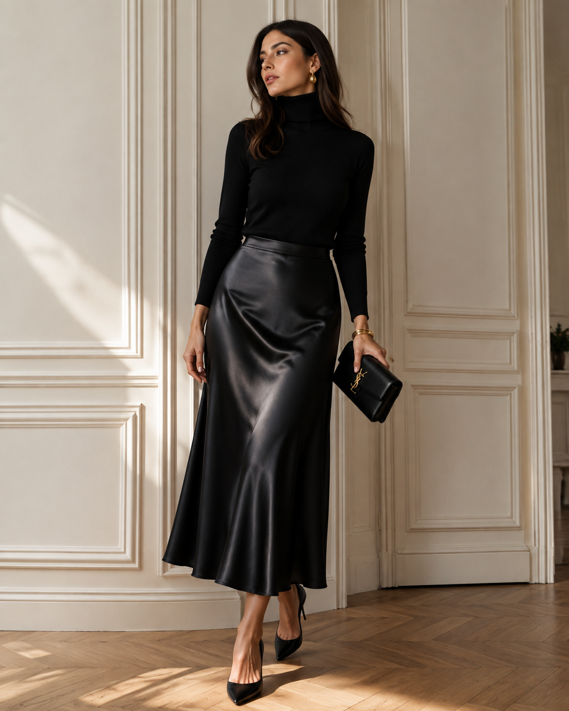 Jupe Midi en Satin Noir – Taille Haute Élégante | Femme