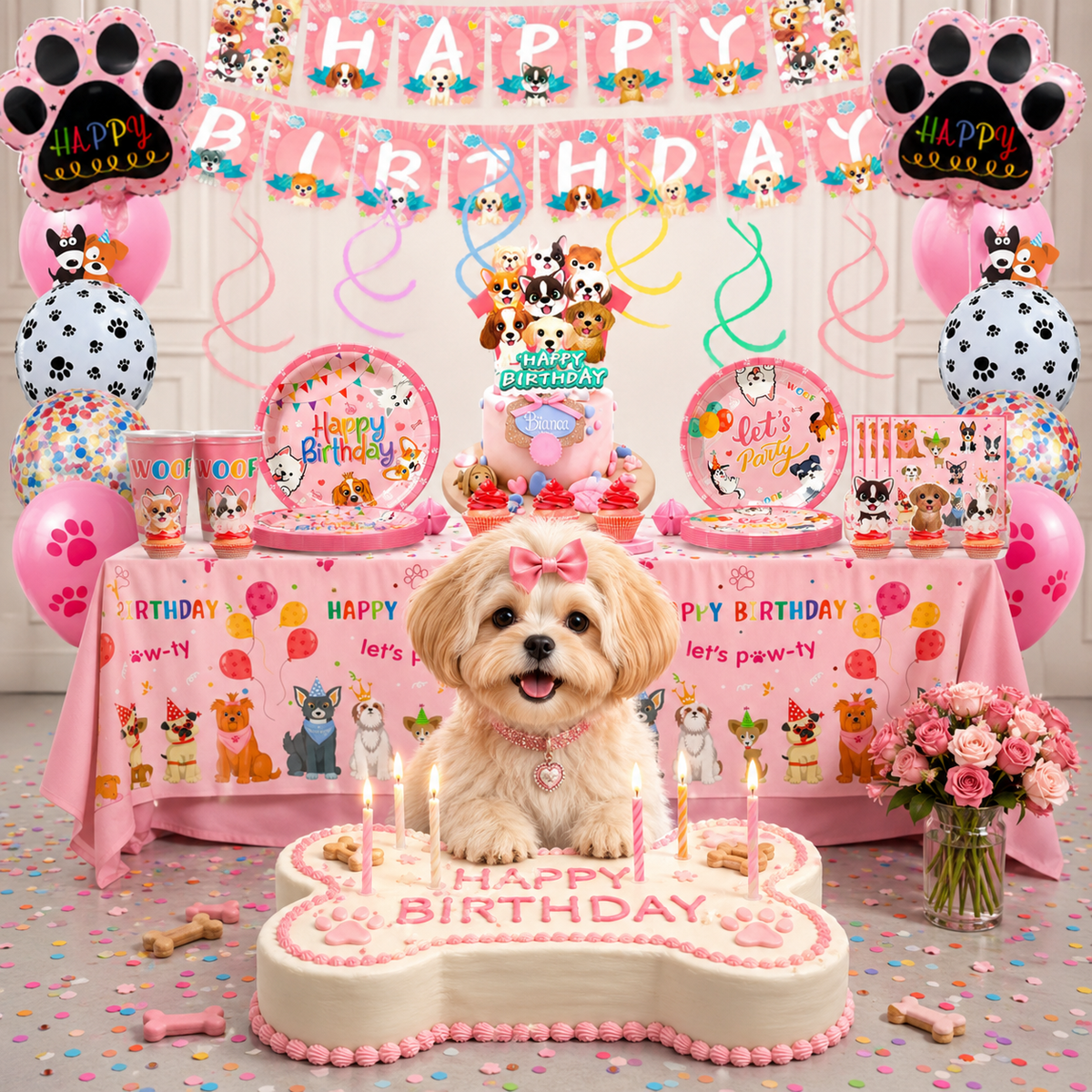 Kit Anniversaire Chiot Luxe 161 Pièces – Vaisselle & Décorations Rose pour Chien