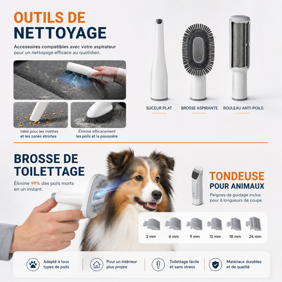 Kit de Toilettage JHK | Aspirateur & Tondeuse Sans Fil pour Chiens et Chats