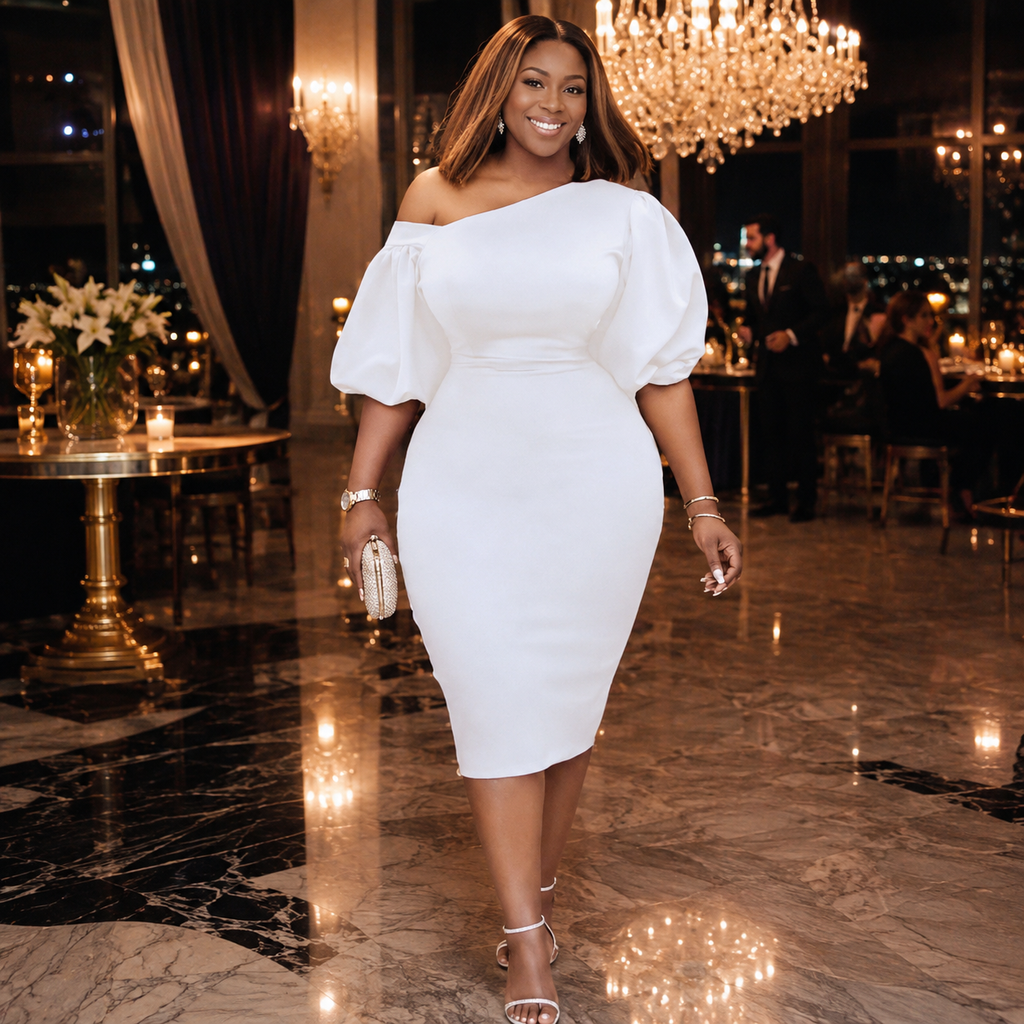 Robe Élégante Grande Taille — Épaules Nues, Manches Bouffantes