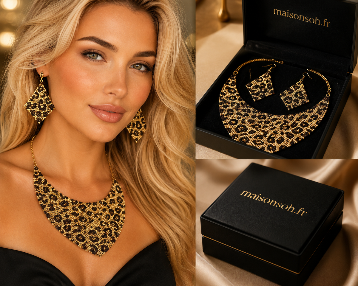 Ensemble Bijoux Léopard – Collier Bavoir & Boucles d’Oreilles Pendantes Vintage