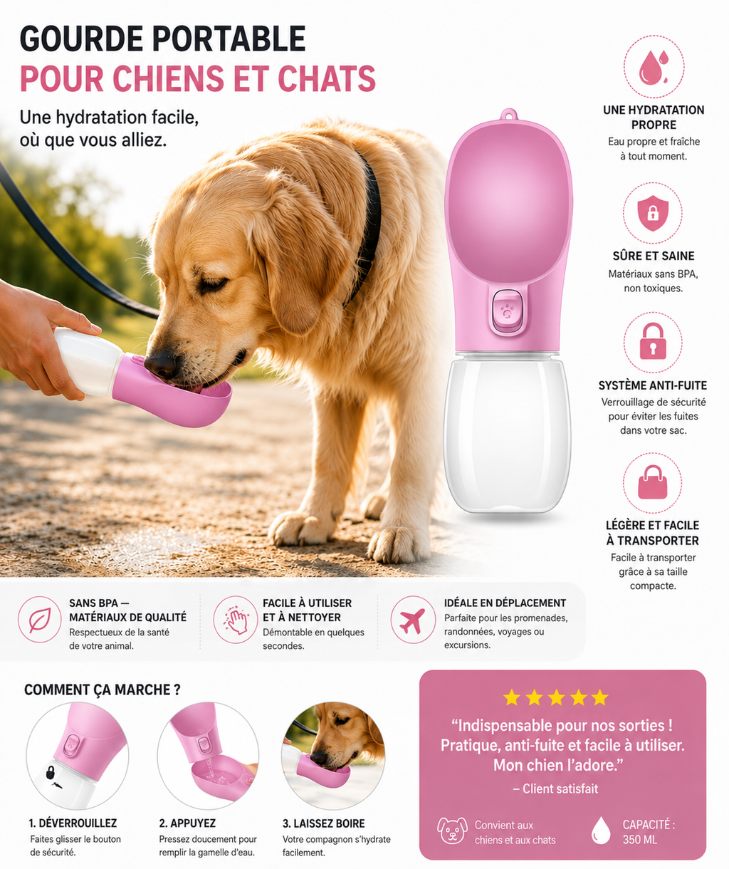 Gourde Portable Luxe pour Chien & Chat — Hydratation Premium en Extérieur